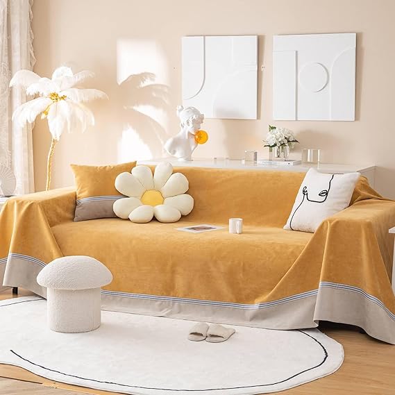 Daesar Couch Cover Polyester, Sofa Covers 1 Seater Solid Color with Stripes Pattern Versatile Blanket Soft Throw for Bed and Couch 200x180CM, Yellow