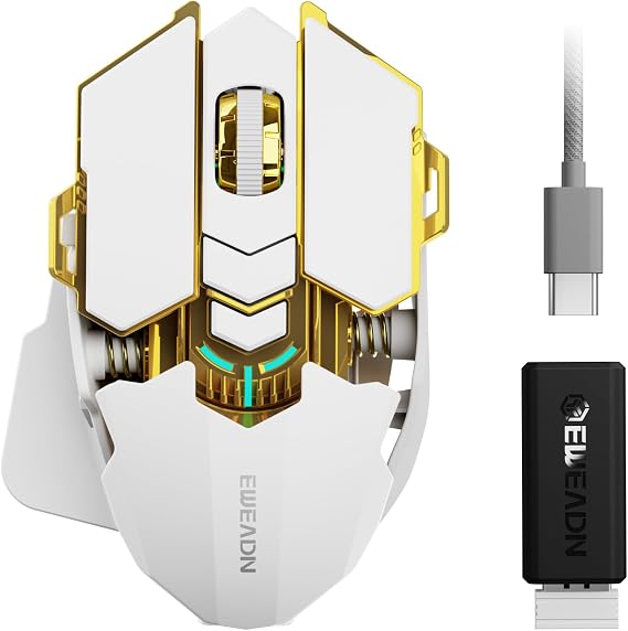 EWEADN G5 Tri-Mode Wireless Gaming Mouse, 12800 DPI Programmable Ergonomic Mouse with Metal Base for Stability, 500mAh Rechargeable, 8 Macro Buttons, Rapid Fire Key, RGB Backlit for FPS PC Mac- White