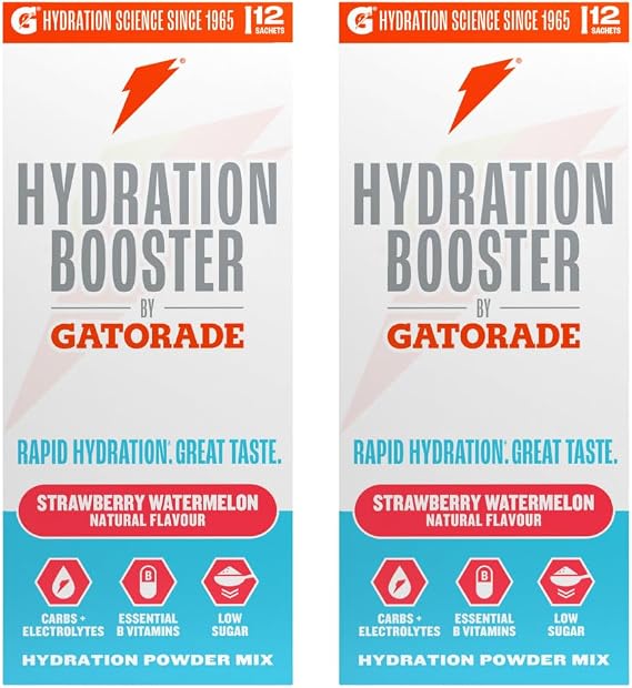 Hydration Booster by Gatorade Carbohydrate-Electrolyte Sachets - Hydration Powder Drink Mix with Carbohydrates, Electrolytes and B Vitamins 24 Servings (Pack of 2) (Strawberry Watermelon)