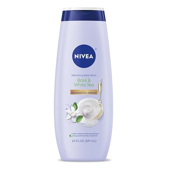 NIVEA Refreshing Basil and White Tea Body Wash, 20 FL OZ | Scented Body Wash for Women, Enriched with Provitamin B5 and Vitamin E, With Nourishing Serum, Leaves Skin Soft and Smooth