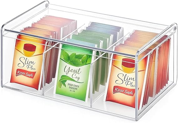 Lirazon 6 Compartment Plastic Tea Box – with Transparent Lid, Food Friendly, Organizer Box, Spice/Cookie/Candy Storage Container – Kitchen Organizer
