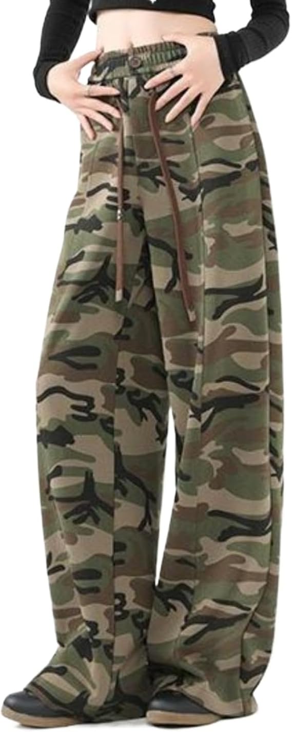 CUTEGAL Unisex Y2k Camo Pants Hip Hop Baggy Sweatpants for Women Casual Drawstring Wide Leg Trousers Streetwear