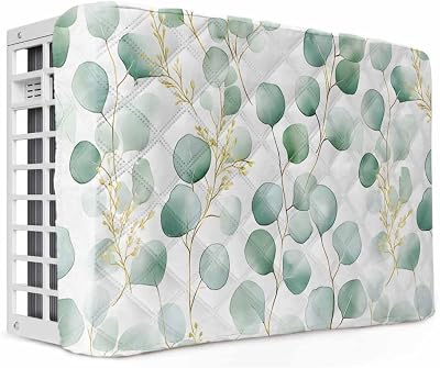 Green Eucalyptus Indoor AC Cover for Window Units, Spring Summer Botanical Gold Leaves Insulated Air Conditioner Unit Cover Inside Adjustable Waterproof with Elastic Straps, 17 L x 13 H x 3.5 D