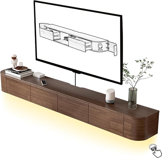 Floating TV Unit, Mounted TV Stand with Flip-Down Doors & Side door, Storage TV Bench Under TV for Bedroom Livingroom (Brown+LED, 240CM)