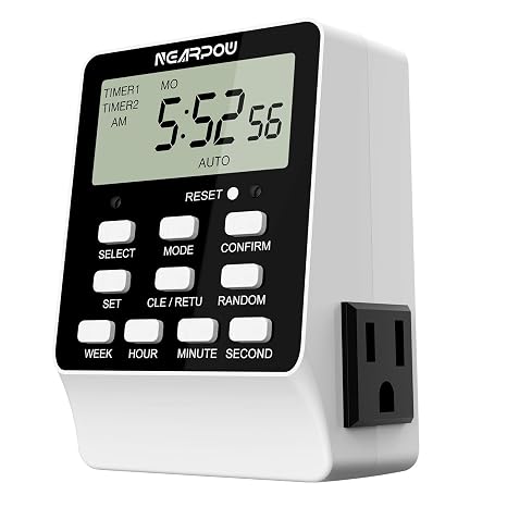 Outlet Timer, NEARPOW Dual Digital Light Timer with 2 Independently-controlled Outlets, 18 ON/OFF Programs, 24-Hour and 7-Day Programmable,Indoor Heavy Duty Electrical Timer Switch, 3 Prong, 15A/1800W