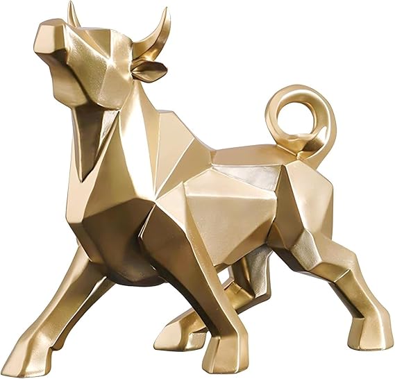 Decor Abstract Wall Street Bull Sculpture Geometric Resin Bullish Cattle Statues Modern Nightstand Accessories(Gold Bull)