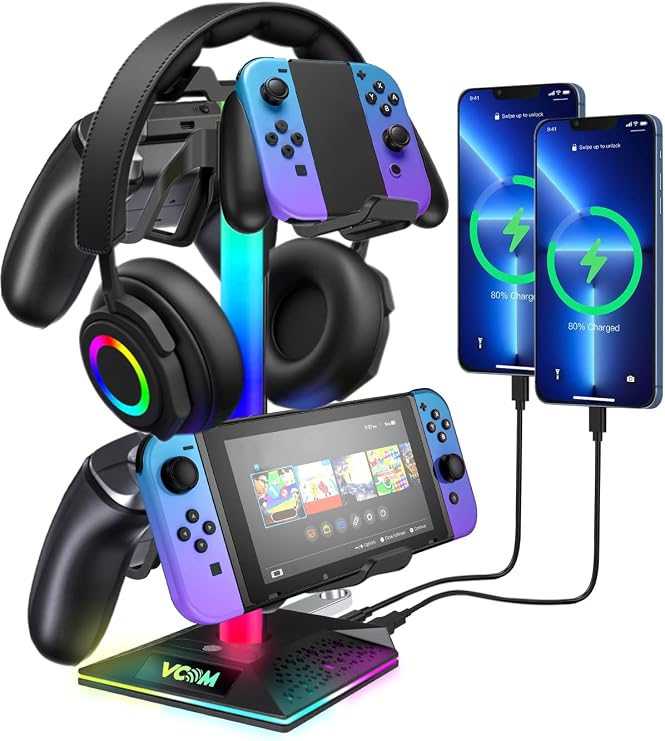 VCOM RGB Headphone Stand, Gaming Headset Stand with 10 Light Modes (Black) | Headphone holder with 2 USB and 1 Type-C Ports, For Gamer Xbox PS5, Gaming Desk Accessories Gamer Gift