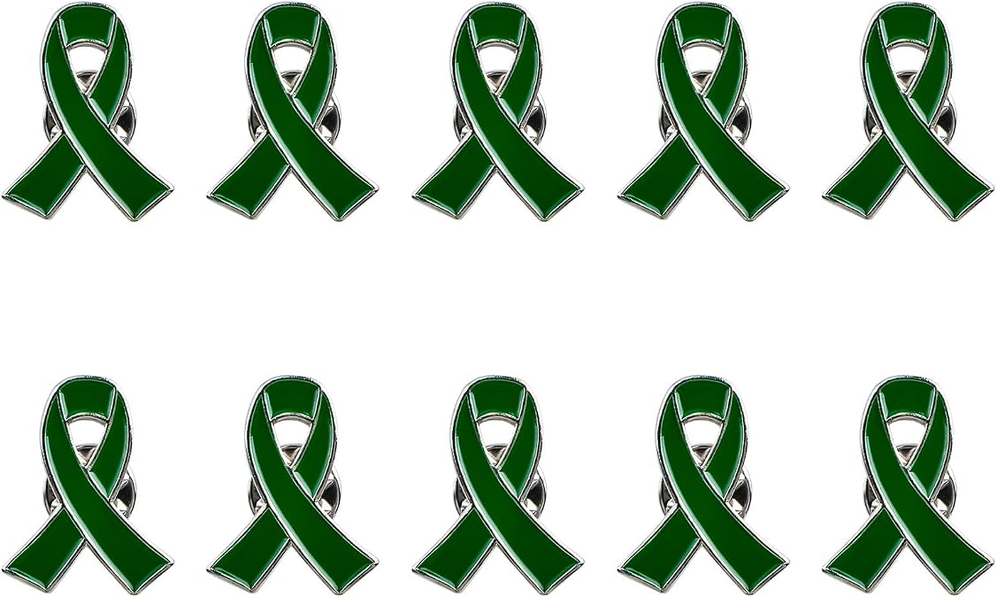 WANDIC 10 Pcs Green Ribbon Pin, Mental Health Liver Cancer Bile Duct Cancer Environment Issue Awareness Ribbon Brooches Hope Faith Lapel Pin for Men Women Charity Event