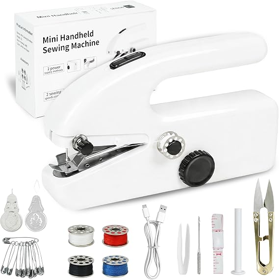 Handheld Mini Sewing Machine for Beginners - Portable Electric Stitching Device with 2 Speeds, Dual Power Supply (Battery/USB), Ideal for Home, Travel, DIY & Quick Repairs - White