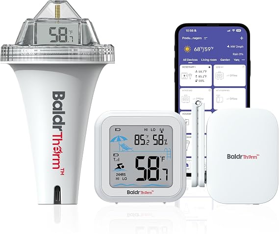 BaldrTherm Smart Pool Thermometer with WiFi Gateway, Digital Floating Anti-Fog 360 Reading with IPX7 Waterproof, Remote App Notification Alert for Hot Tub/Ice Bath/Swimming Pool/SPA/Aquarium/Pond