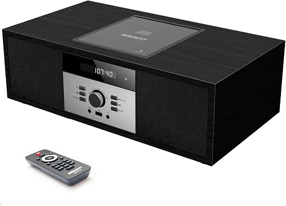 WISCENT Bluetooth Vintage Style Retro Look Micro Audio Streaming CD Player System,with Bluetooth,USB Port,FM Stereo,AUX Input,Remote Control,CD Players for Home (Black)