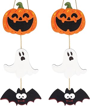 2Pack Halloween Door Sign Decoration Wooden Hanging Sign Pumpkin Ghost Bat Wreath Sign Happy Halloween Decorations Door Hanger Sign for Farmhouse Home Window Wall Party Decoration Supplies