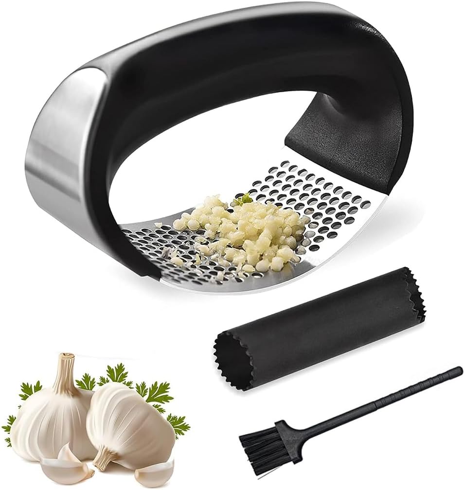 Maven Gifts Garlic Press Rocker, Stainless Steel Garlic Mincer Tool, Easy-Squeeze Garlic Tool with Peeler and Cleaning Brush for Smashing Garlic