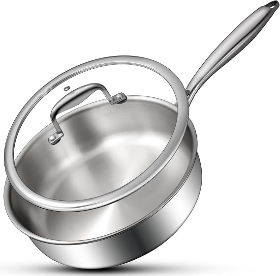 EWFEN Tri-Ply Stainless Steel Frying Pan 3QT, 10 Inch Deep Frying Pan with lids, Skillet, Induction Cooking Pan, Dishwasher and Oven Safe, Fast & Even Heat, Heavy Duty and Detachable Handle