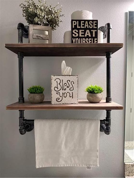 Industrial Pipe Shelf,2 Tiered Metal Towel Racks for Bathroom,20" Industrial Pipe Floating Shelves Shelving,Rustic Wood Wall Mount Shelf with Bar,Iron Towel Holder