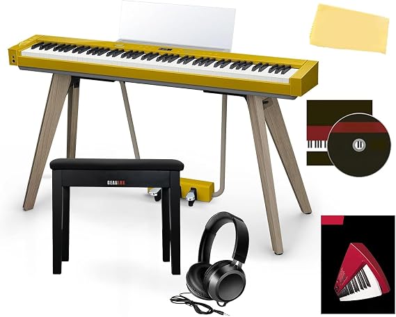 Casio PX-S7000 Privia Digital Piano - Harmonious Mustard Bundle with Bench, Stand, Triple Pedal, Headphones, Instructional Book, Online Lessons, Instructional DVD, and Austin Bazaar Polishing Cloth
