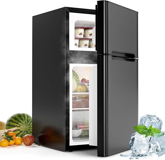 3.2 Cu.Ft Mini Fridge with Freezer, Compact Mini Refrigerator with 2 Reversible Doors, Adjustable Thermostat, Removable Glass Shelves, Low Noise Small Refrigerator for Office, Dorm (Black)