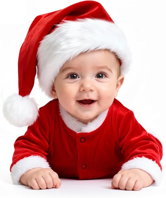 kockuu Santa Hat for Baby Red Velvet Fluffy Christmas Hat with Plush Brim and Comfort Liner for Baby Boys Girls Gift New Year Party Supplies