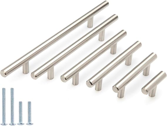 10 Pack 10mm 12mm Solid Brushed Nickel T Bar Cabinet Pulls Handles for Kitchen Cabinet Hardware Dresser Drawer Door (12 * 352 * 550-5pcs)