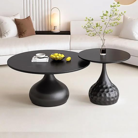Solid Wood Round Coffee Table Set of 2, Modern Side Table with Rounded corners and Non-slip mats, Can be placed individually or in combination, Center Tables for Living Room, Office(Black)