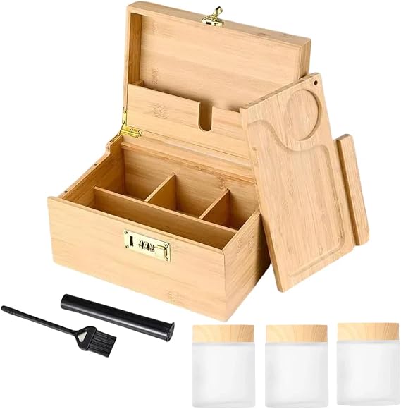 Bamboo Storage Box with Combination Lock - Premium Large Bamboo Storage Box with Removable Tray Brush and Glass Storage Jars, Wooden Storage with All Accessories