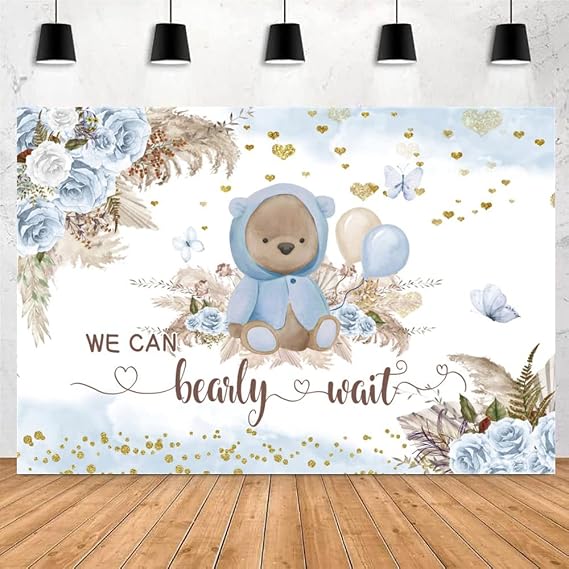 We Can Bearly Wait Backdrop Boho Baby Shower Party Backdrop 5x3ft Blue Floral Bohemian Pampas Grass Bear Photography Background Kids Baby Shower Newborn Baby Portrait Photo Backdrop