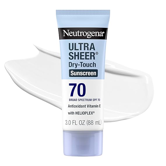 Neutrogena Ultra Sheer Dry Touch Sunscreen Lotion SPF 70 Broad Spectrum UVA UVB Protection Lightweight Water Resistant up to 80 Minutes Oil PABA Oxybenzone Free, 3 fl oz