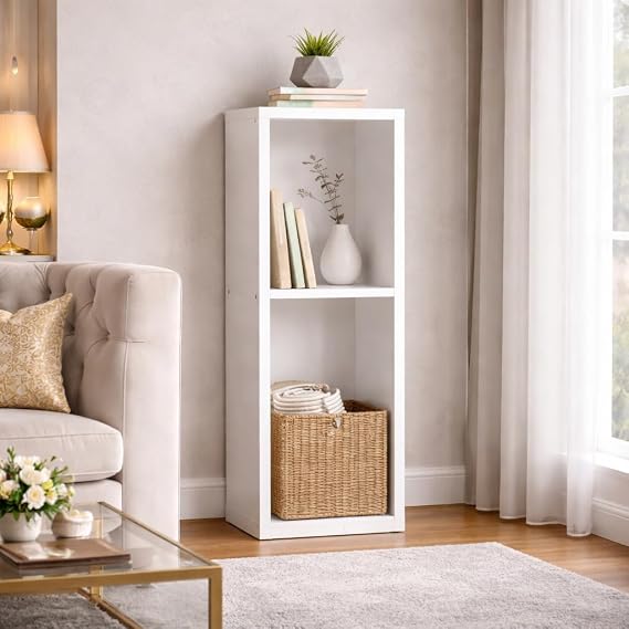 PIKAS Modern Minimalist 2 Raflı Dekoratif Kitaplık ve Yan Sehpa – Beyaz, Dikey Tasarım