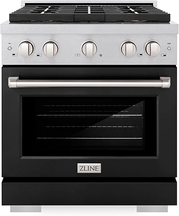 ZLINE 30 in. 4.2 cu. ft. Paramount Gas Range with 4 Burner DuoProTM Cooktop and Convection Gas Oven in Satin Stainless Steel with Black Matte Door (PSGRS-BLM-30)