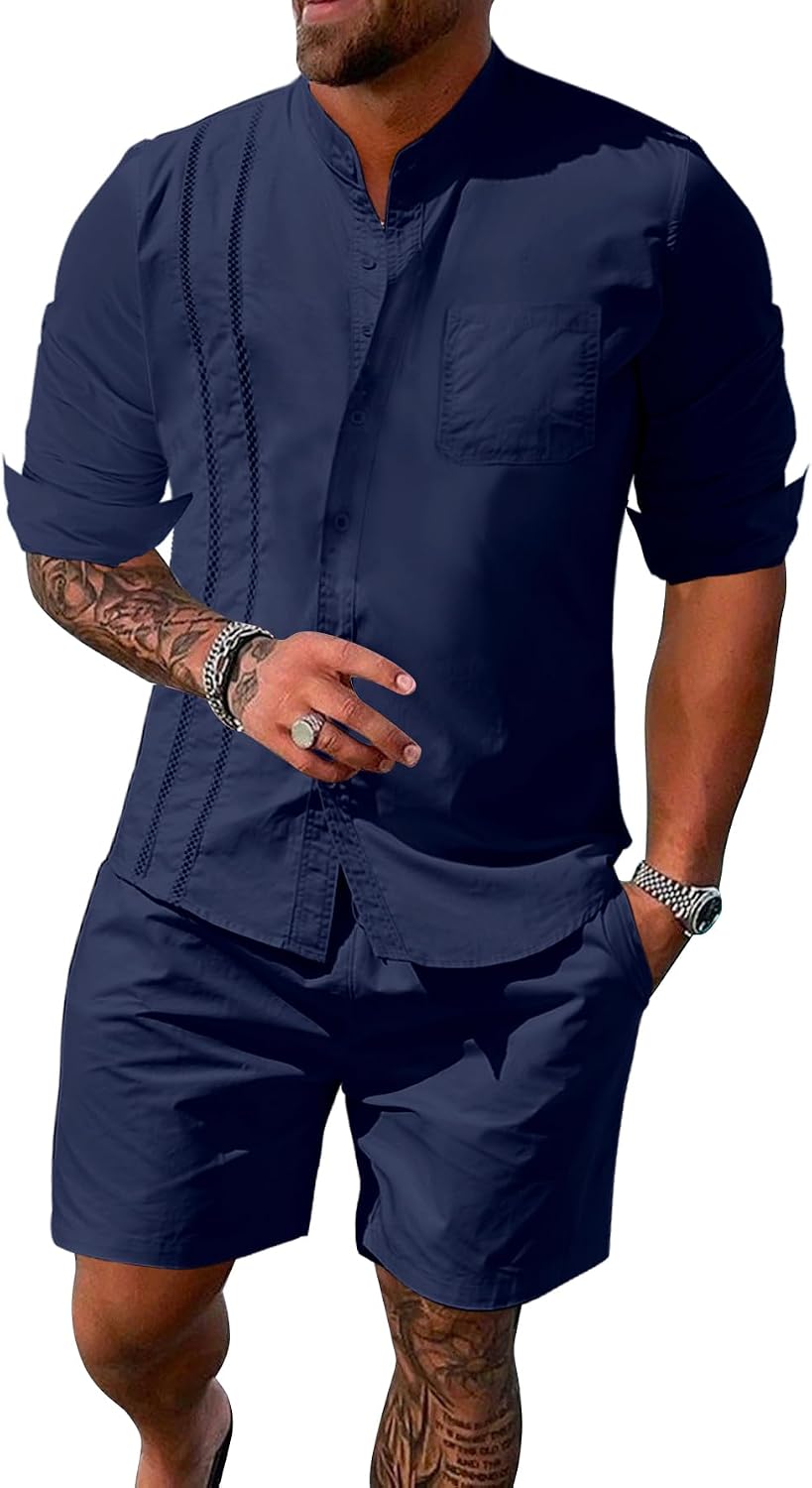 Mens 2 Pieces Cotton Set Button Down Cuban Shirts Long Sleeve Casual Outfits Beach Lightweight Shorts With Pocket