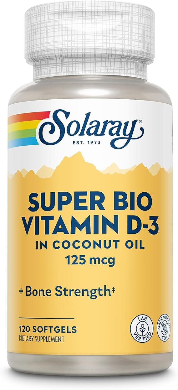 SOLARAY Super Bio Vitamin D3 5000 IU, 120 Softgels | Bone & Immune Support - Coconut Oil for Enhanced Absorption - 120 Servings - Soy Free, Lab Verified