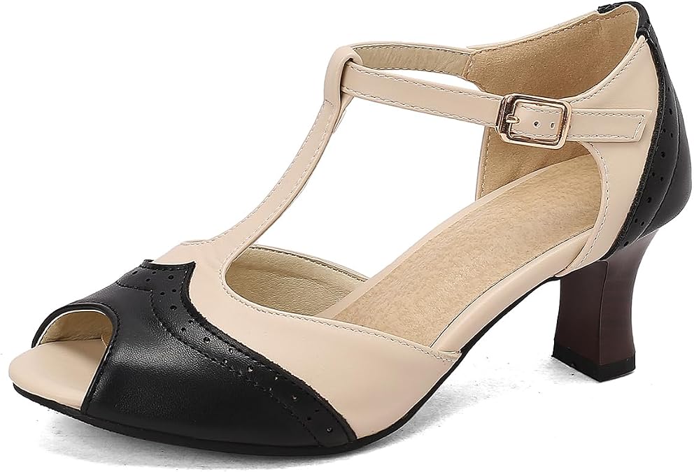MRKEWUNEY Elegant Womens Low Chunky Heel Sandals T-Strap Peep Toe