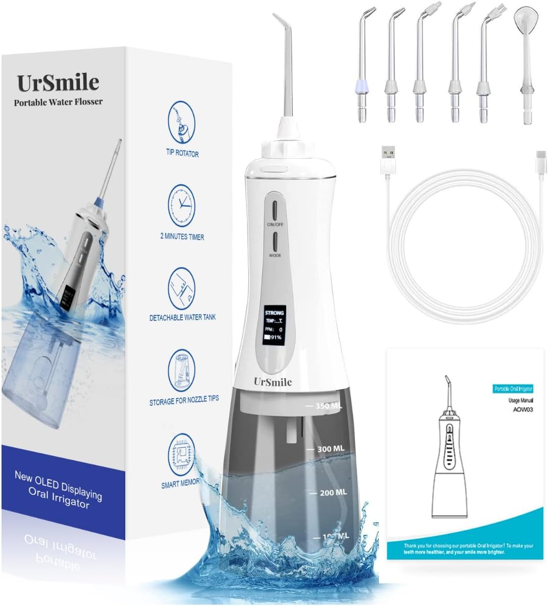 Water Dental Flosser Cordless Oral irrigator for Teeth,ursmile 350ml Rechargeable IPX7 Waterproof Electric Plaque Remover for Adults