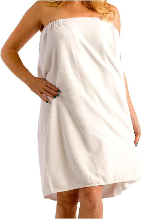 BY LORA Womens Coral Fleece Spa Wrap Towel, 320 GSM Ultra-Soft Plush Body Wrap with Pocket and Adjustable Closure, for Bath Pool Beach Spa, Small/Medium, White