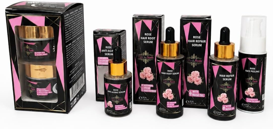 Mor&Pembe Gül Serisi Premium Bakım Seti, Anti-Aging Serum, Saç Kök ve Onarım Serumu, Yüz Peeling, Krem
