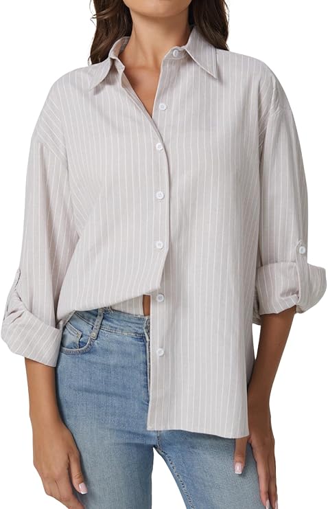 QINSEN Oversized Button Down Shirts for Women Long Sleeve Striped Casual Blouse Cotton Tops