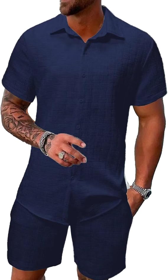 Men's Summer Beach Outfits 2 Piece Short Sleeve Shirts and Shorts Vacation Outfits Sets for Men 2026