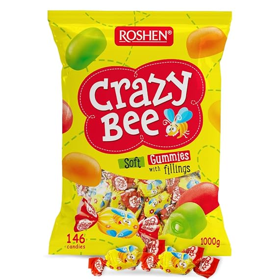 Roshen Crazy Bee Jelly Candy, Assorted Fruit Flavors with Soft Fruit Filling, Bulk 2.2 lbs 1 kg, Approx. 150 Pieces Individually Wrapped Gems, Kosher & Halal, Made with Natural Juice 1 kg Pack of 1