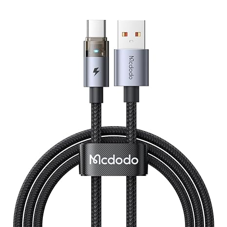 mcdodo USB A to USB C Fast Charging Cable with Flashing Light 4ft, Nylon Braided USBC to USB Cable Fit for iPhone 16 15 Pro ProMax Plus, Galaxy S23/S22+Ultra, iPad, MacBook(Black)