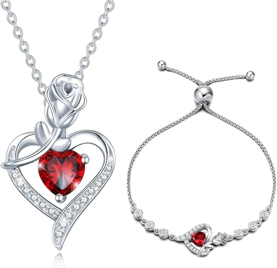 AGVANA Fine Jewelry January Birthstone Genuine Garnet Necklace Bracelet for Women Sterling Silver CZ Rose Flower Heart Pendant Mothers Day Gifts for