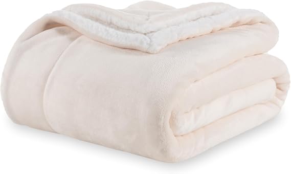 Berkshire Blanket-Sherpa Fleece Blanket, Warm and Soft Loftmink Reversible Blanket for Bed, Sofa and Travel, Cream, 60 in x 90 in