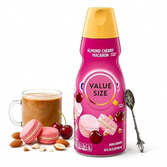 Premium Liquid Coffee Creamer 32 fl oz Gluten Free & Non Dairy Creamer - Rich & Smooth Flavored Creamer for Coffee with D.A. Coffee Gem Spoon (Almond Cherry Macaron Flavor) Gem Spoon