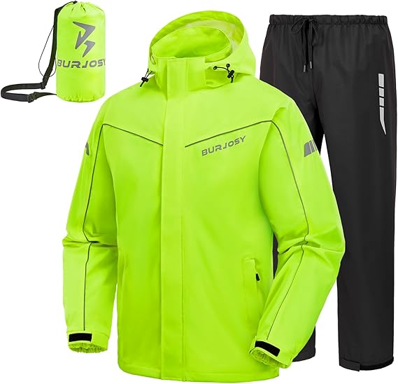 Rain Suit for Men, Packable Waterproof Rain Jacket & Trousers, Reflective Raincoat with Windproof Hood, Rain Gear for Outdoor Hiking Fishing