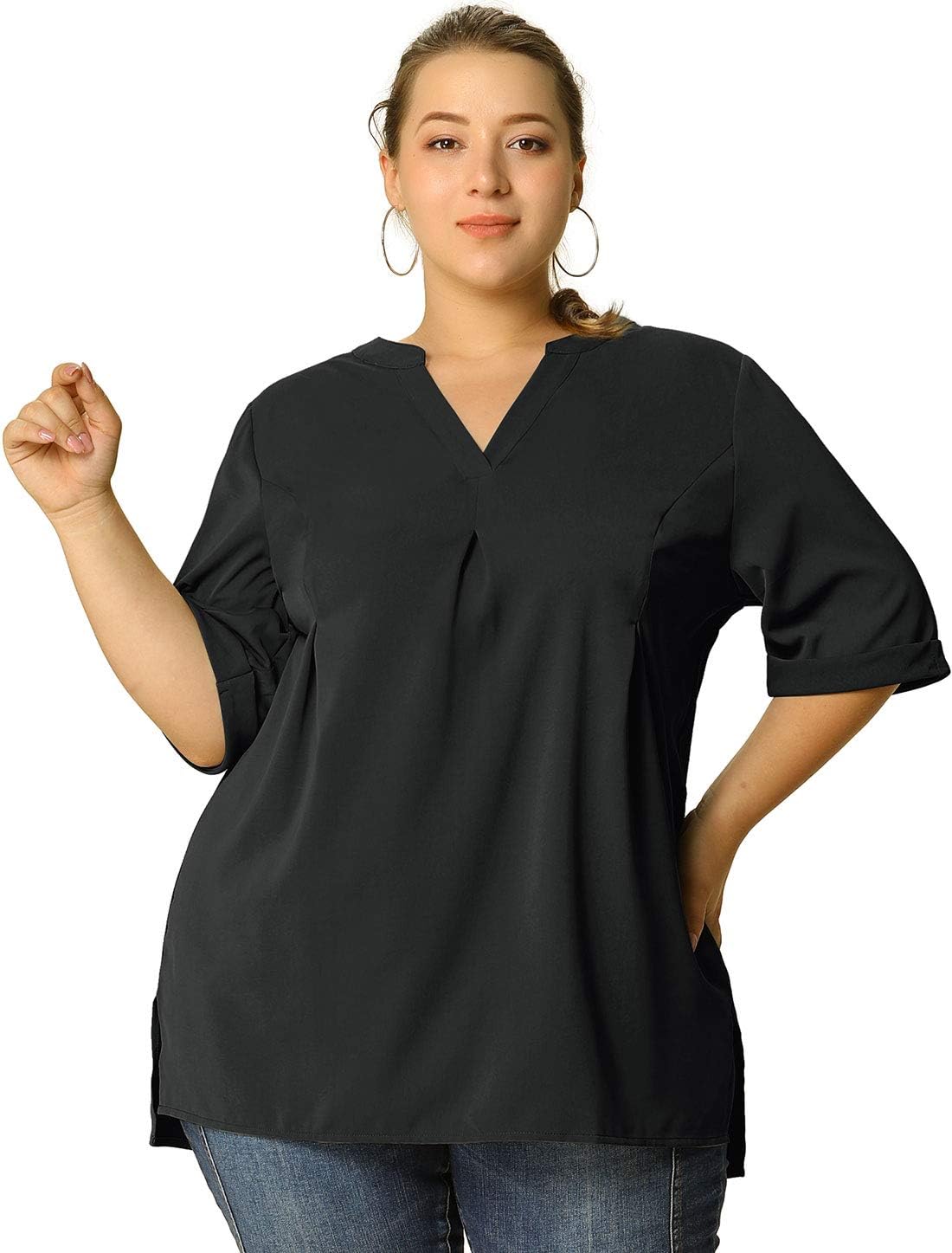 Agnes Orinda Womens Plus Size Blouse V Neck Casual Solid Blouses 12 Sleeve Tunic Tops