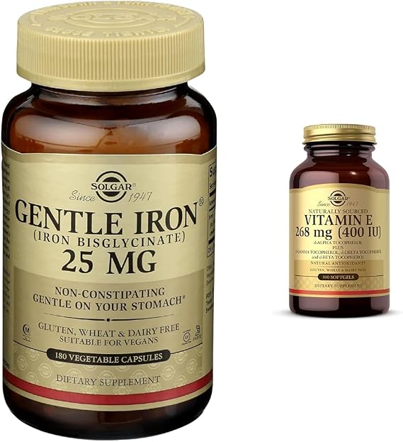 Solgar Gentle Iron - Ideal for Sensitive StomachsRed Blood Cell Supplement & Vitamin E 268 MG (400 IU) (d-Alpha Tocopherol & Mixed Tocopherols), 100 Softgels