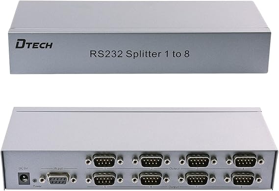 DTech Serial Splitter 8 Port Industrial RS232 Expander COM Port Switch Box with Power Adapter for Sharing PCs and Capture Data - 1x8