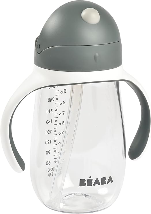 Beaba Straw Sippy Cup, Toddler Baby Straw Cup with Removable Handles, Leak and Spill Proof, BPA Phthalate Free, 8+ Months, 10 oz, Charoal