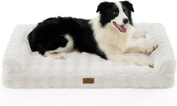 COZY KISS Faux Fur Orthopedic Dog Bed, Foam Pet Sofa with U-Shape Bolster, Washable Dog Couch with Removable Flannel Cover, Squre Pet Bed with Anti-Slip Bottom, Clearance, Beige, XL(42 * 30 * 7inch)
