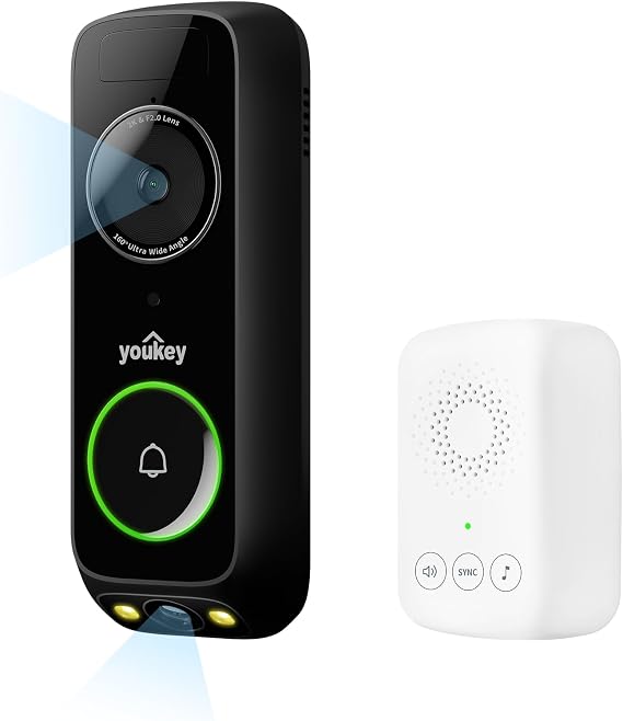 youkey Dual Camera Wireless Video Doorbell Head-to-Toe View, 2K FHD Battery Doorbell with Local Storage No Monthly Fee, Package Detection, 5Ghz WiFi, Works with Alexa & Google Assistant, DB312