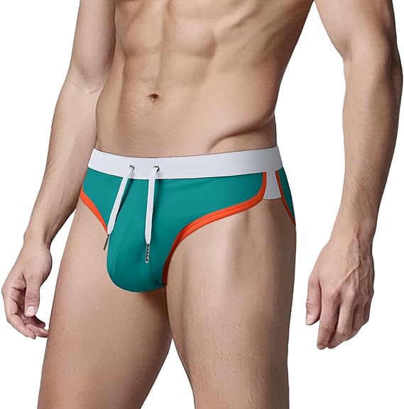 Men's Swim Briefs Color Block Sexy Bikini Swimsuit Low Rise Beach Swimwear with Drawstring